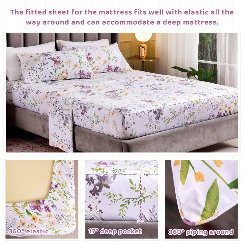 QSH Floral Queen Size Sheet Sets - Yellow Wild Flower Botanical Pattern Egyptian Cotton Printed Bedding Sheets Set Queen Size Bed Extra Breathable 4pcs Queen Sheet Set Deep Pocket 17.5" - Image 3